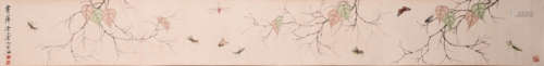 Chinese Flowers And Insects Painting Paper Hand Scroll, Qi B...