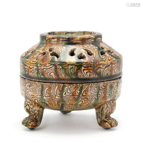 A Sancai Glaze Tripod Incense Burner And Cover