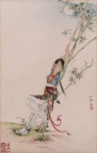 Chinese Lady Painting Paper Scroll, Hu Yefo Mark