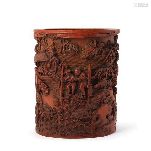 A Carved Wood Figure Fishing Brush Pot