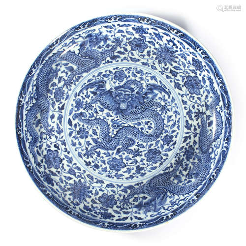 A Blue And White Dragon Dish