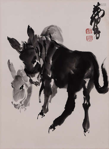 Chinese Donkey Painting On Paper, Huang Zhou Mark