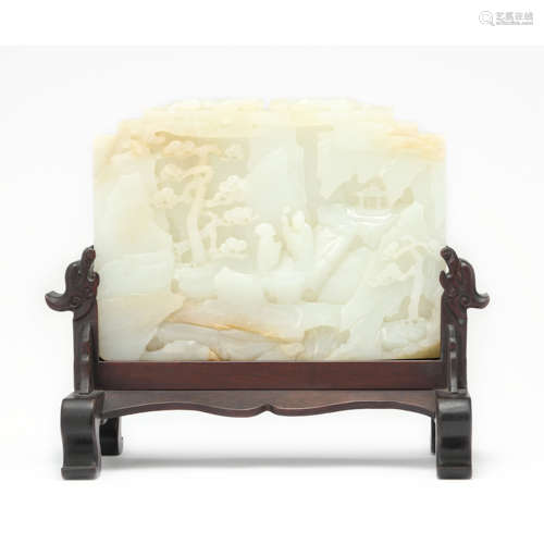 A Carved Hetian White Jade Figure Table Screen