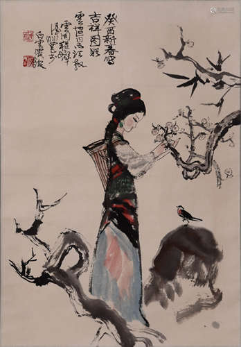 Chinese Lady Painting Paper Scroll, Cheng Shifa Mark