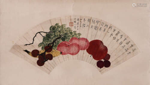 Chinese Fruits Fan Painting On Paper, Ding Fuzhi Mark