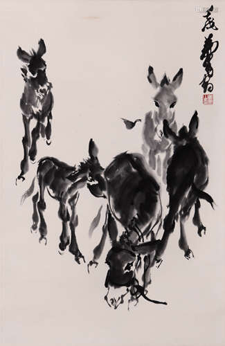 Chinese Five Donkey Painting Paper Scroll, Huang Zhou Mark