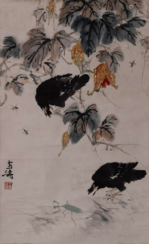 Chinese Autumn Joy Painting Scroll, Wang Xuetao Mark