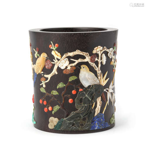 An Inlaid Sandalwood Flowers And Birds Brush Pot