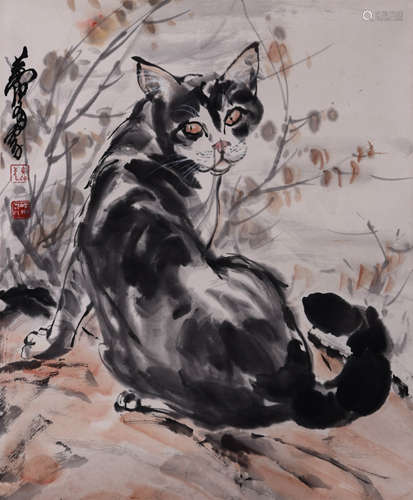 Chinese Cat Painting Paper Scroll, Huang Zhou Mark