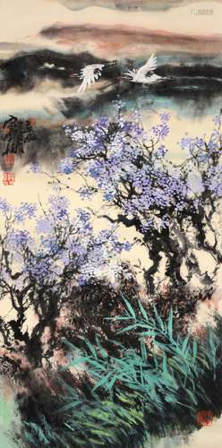 Chinese Flowers Painting Paper Scroll, Song Yugui Mark