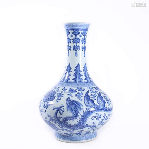 A Blue And White Dragon And Flowers Bottle Vase