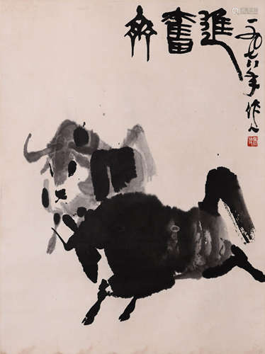 Chinese Bull Group Painting Paper Scroll, Wu Zuoren Mark