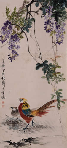 Chinese Wagtail Painting Paper Scroll, Wang Xuetao Mark