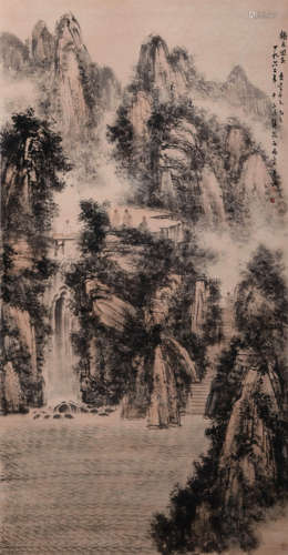 Chinese Waterfall Painting Paper Scroll, Fu Baoshi Mark