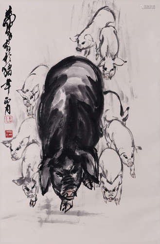 Chinese Pig Group Painting Paper Scroll, Huang Zhou Mark