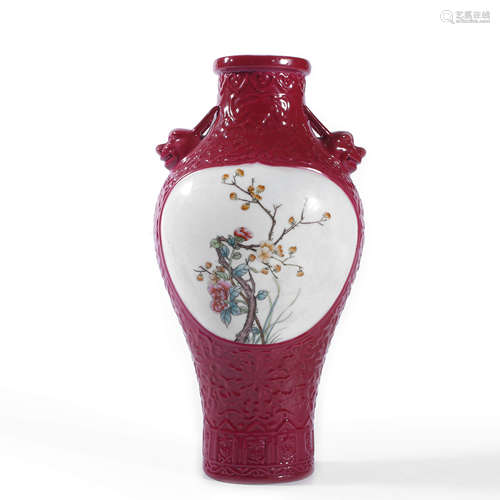 A Rouge Red Glaze Famille Rose Flowers Vase