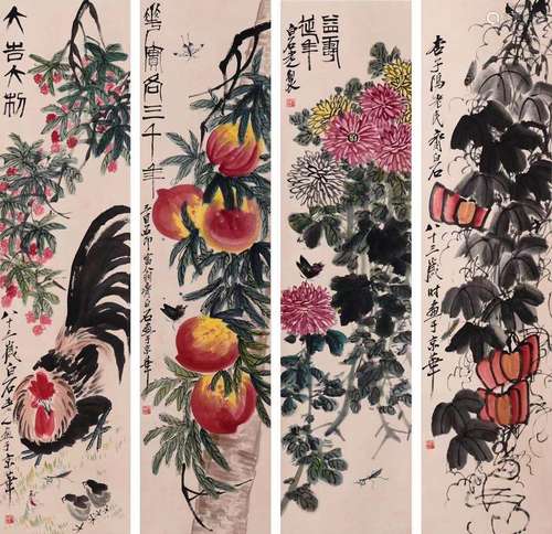 Four Chinese Flowers And Birds Painting Paper Scrolls, Qi Ba...