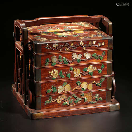 An Inlaid Huanghuali Mult-Tiers Loop-Handle Food Container