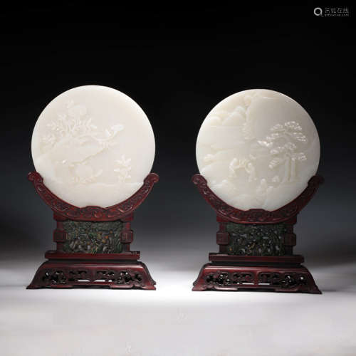 A Pair Of Hetian Jade Landscape And Figure Round Table Scree...