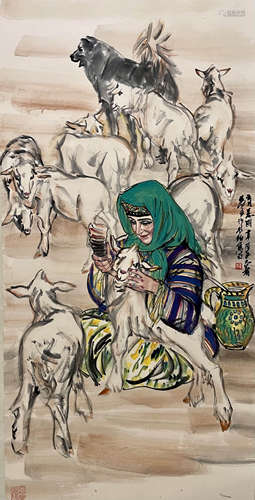 A Chinese Painting Of Lady And Sheep Signed Huang Zhou