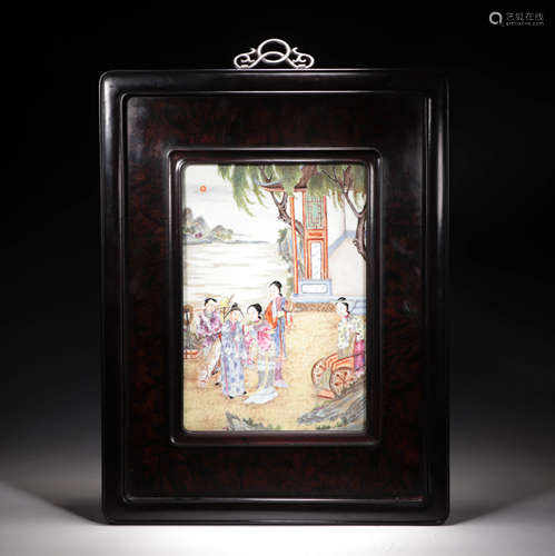 A Famille Rose Figure Hanging Plaque With Sandalwood Frame