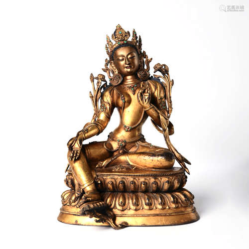 A Gilt Bronze  Figure Of Seated Green Tara