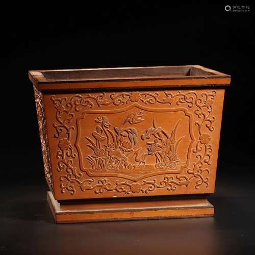 A Carved Bamboo Orchid And Flowers Square Brush Pot