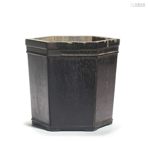 A Carved Rosewood Hexagonal Brushpot