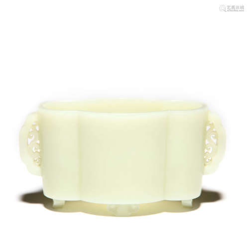 A Carved White Jade Quatrefoil Censer