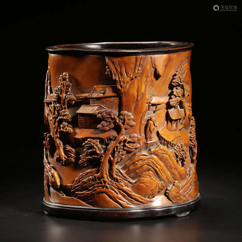 A Carved Boxwood Brushpot