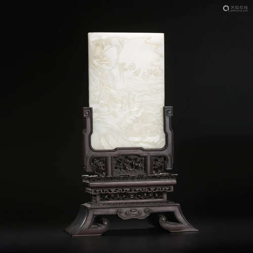 A Carved White Jade Table Screen