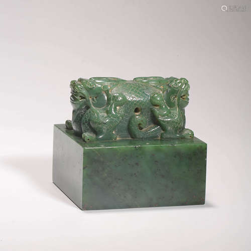 A Carved Spinach Green Jade Beast Seal