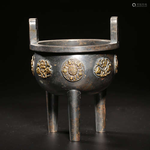 A Silver And Gold Inlaying Tripod Incense Burner