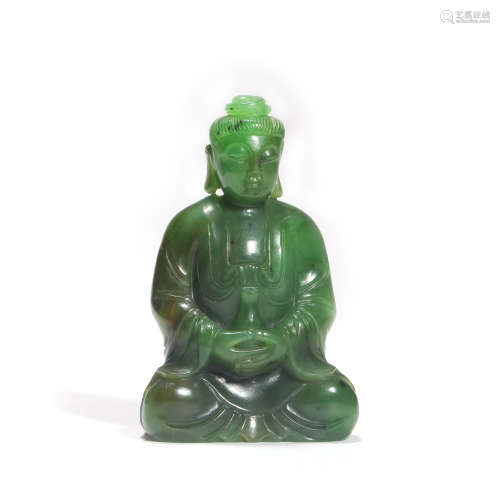 A Carved Spinach Green Jade Seated Buddha