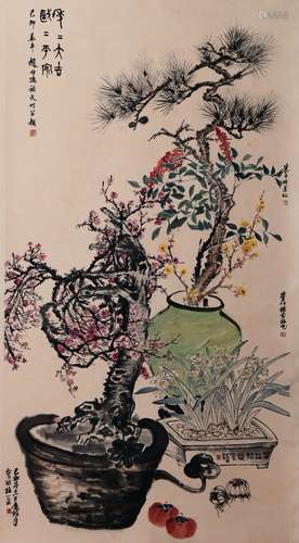 A Chinese Painting Of Pine, Orchid And Prunus Signed Zhao Sh...