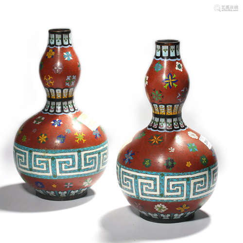 Pair Cloisonne Enamel Double Gourds Vases