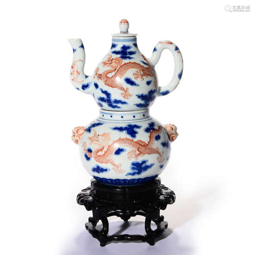 An Underglaze Blue And Iron Red Double Gourds Ewer