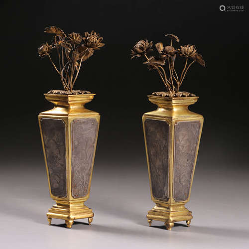 A Pair Of Inlaid Bronze Faceted Vases