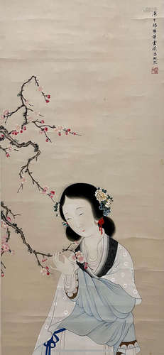 A Chinese Painting Of Lady And Prunus Signed Feng Chaoran