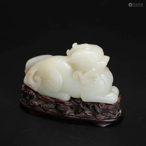 A Carved Hetian Jade Figure Of Beast And Lingzhi