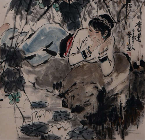 A Chinese Painting Of Lotus And Lady Signed Song Yinke