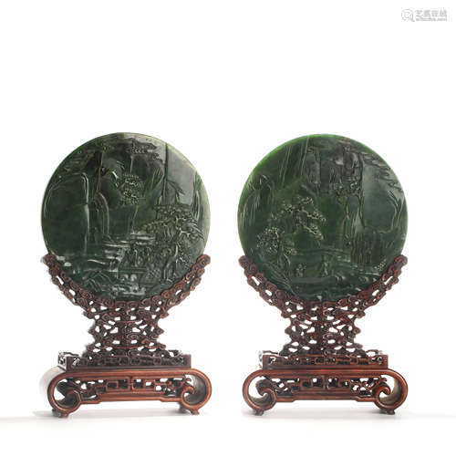 A Carved Spinach Green Jade Table-Screen