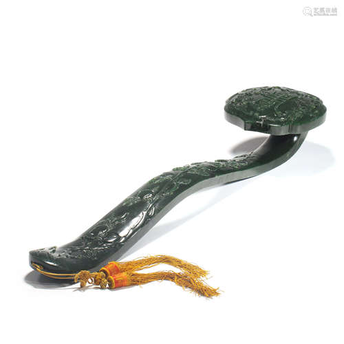 A Hetian Spinach Green Jade Ruyi Scepter