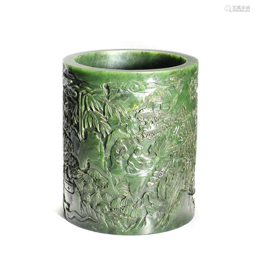 A Carved Spinach-Green Jade Landscape Brush Pot