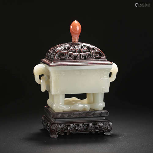 A Carved White Jade Squared Censer