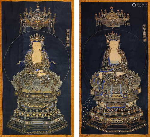 A Pair Of Embroidery Panels Of Manjushri And Samantabhadra