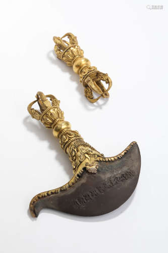CHINESE GILT BRONZE VAJRA AND BUDDHIST IMPLEMENT