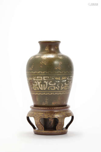 CHINESE TEADUST GLAZE AND GILT DECORATED VASE AND STAND