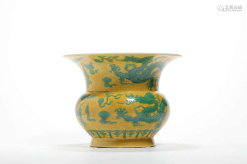 CHINESE YELLOW GROUND AND GREEN ENAMEL DRAGON ZHADOU VESSEL