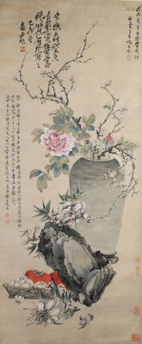 CHINESE FLOWER PAINTING PAPER SCROLL, WU CHANGSHUO MARK